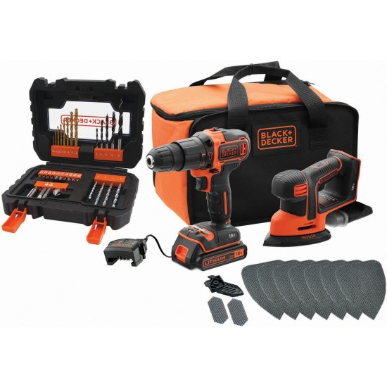 BLACK+DECKER 18V Combo-Kit BCK23S1SA41: Akku-Schlagbohrschrauber + Akku-Mouse