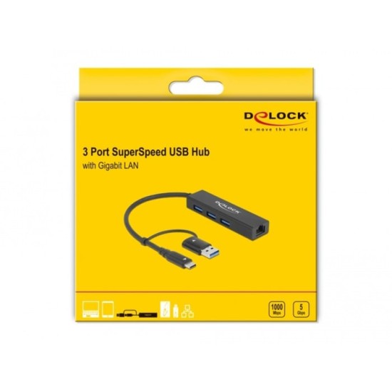 DeLOCK USB 3.2 Gen 1 Hub mit 3 Ports und Gigabit LAN und USB-C/A-Stecker, Dockingstation
