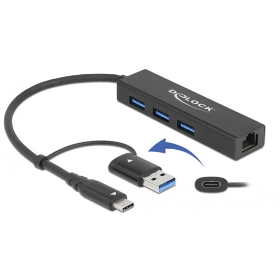 DeLOCK USB 3.2 Gen 1 Hub mit 3 Ports und Gigabit LAN und USB-C/A-Stecker, Dockingstation