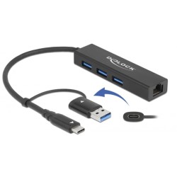 DeLOCK USB 3.2 Gen 1 Hub mit 3 Ports und Gigabit LAN und USB-C/A-Stecker, Dockingstation